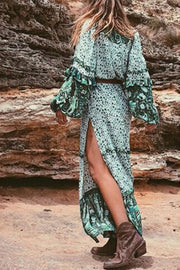 Green Tribal Print Striped Buttons Side Slit Draped Bohemian Flowy Maxi Dress