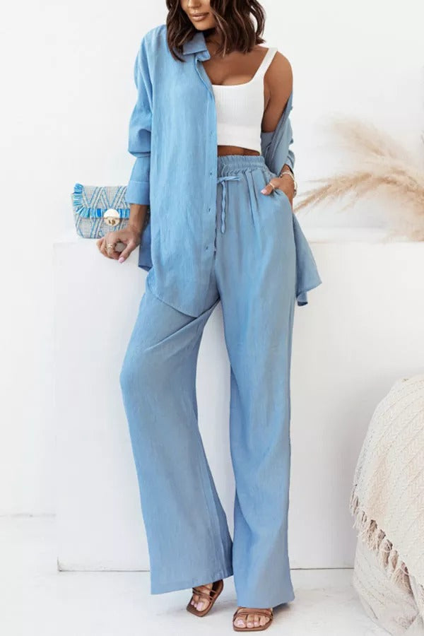 Michelle Cotton Blend Loose Solid Color Shirt Pants Suit