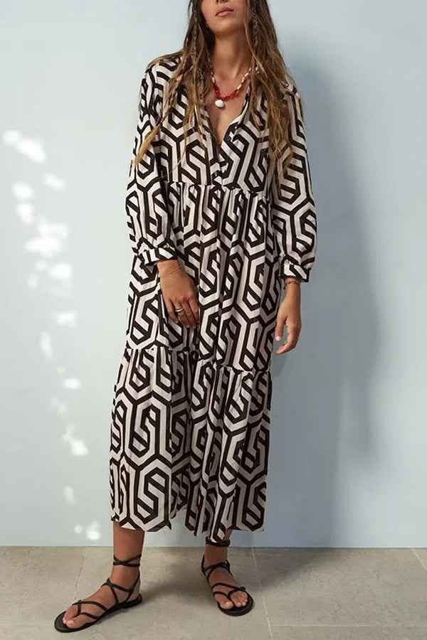 Marley Geometric Figure Print Loose Shirt Midi Dress