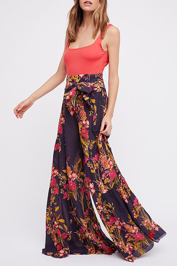 Printed Women's Loose Beach Wide Leg Lace-up Trousers