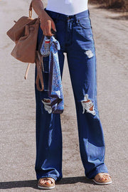 High Waist Denim Pants with Holes Washed