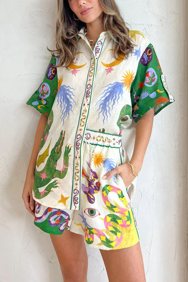Days of Heaven – Set aus Bluse aus Leinenmischung mit einzigartigem Aufdruck und Shorts mit Taschen und elastischer Taille