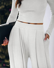 POCKETED RIBBED WIDE LEG PANTS