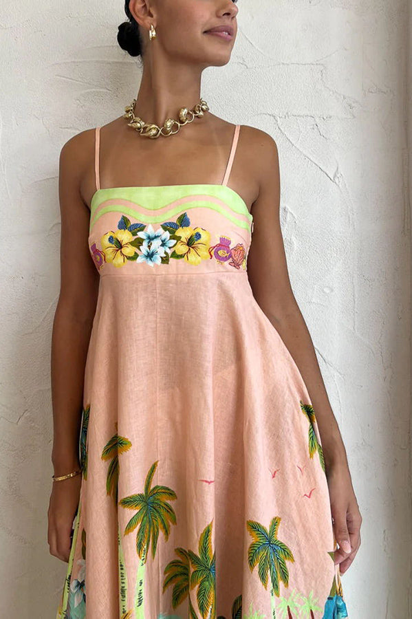 Coconut Scenery – Midikleid aus Leinenmischung mit tropischem Print und gesmoktem Rücken 