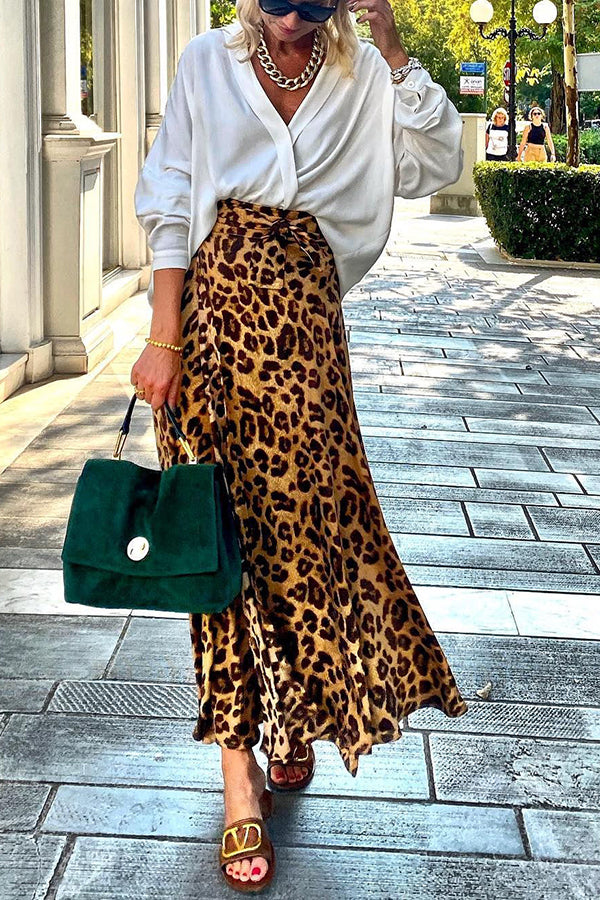 Today’s Journey Satin Leopard Tie Front Elastic Waist Midi Skirt