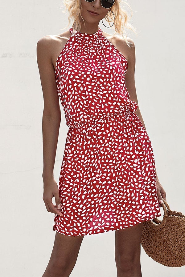 Leopard Halter Neck High Waisted Casual Dress