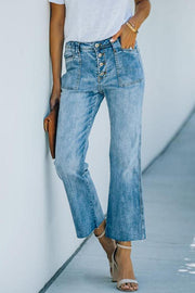 High Rise Button Front Kick Flare Denim