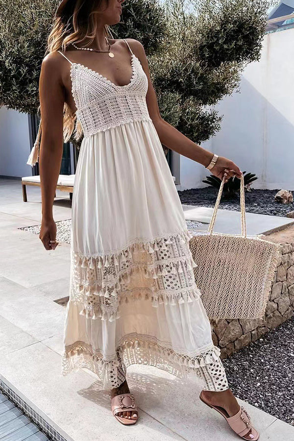 Lässiges, ärmelloses, langes Kleid mit Spitzeneinsatz