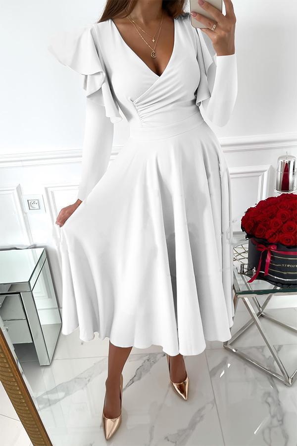 V-neck Ruffled Long-sleeved Waist Dress