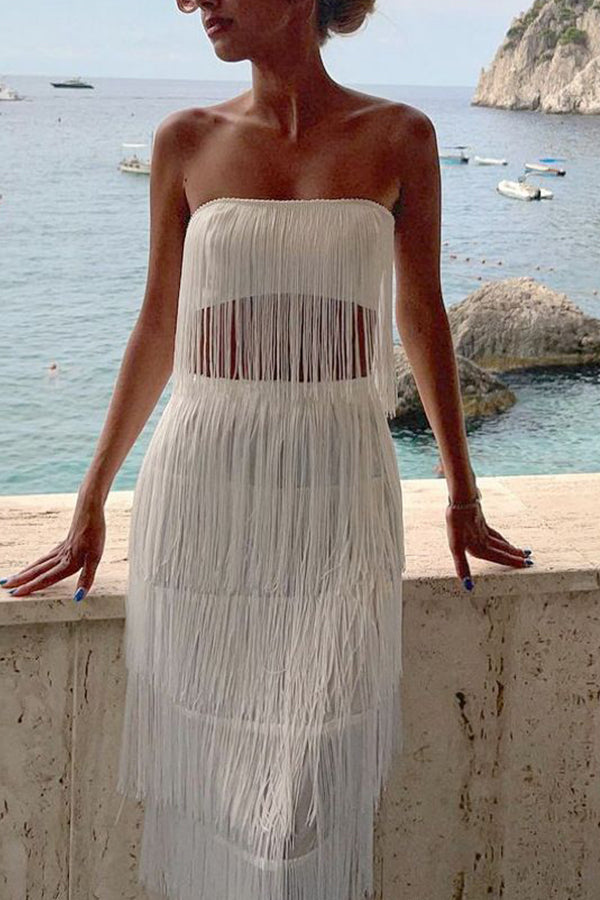 Tailleur élégant à jupe longue à franges sans bretelles