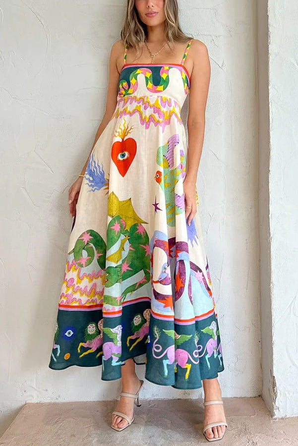 Feel Effortlessly Linen Blend Unique Print Smocked Back Midi Dress