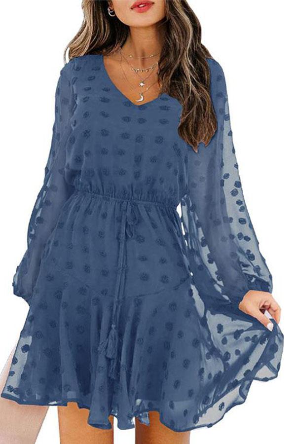 V Neck Drawstring Waist Chiffon Swing Dress