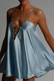 Loose Large Size Crystal Diamond Chain Sling Sexy V Neck Backless Satin Dress