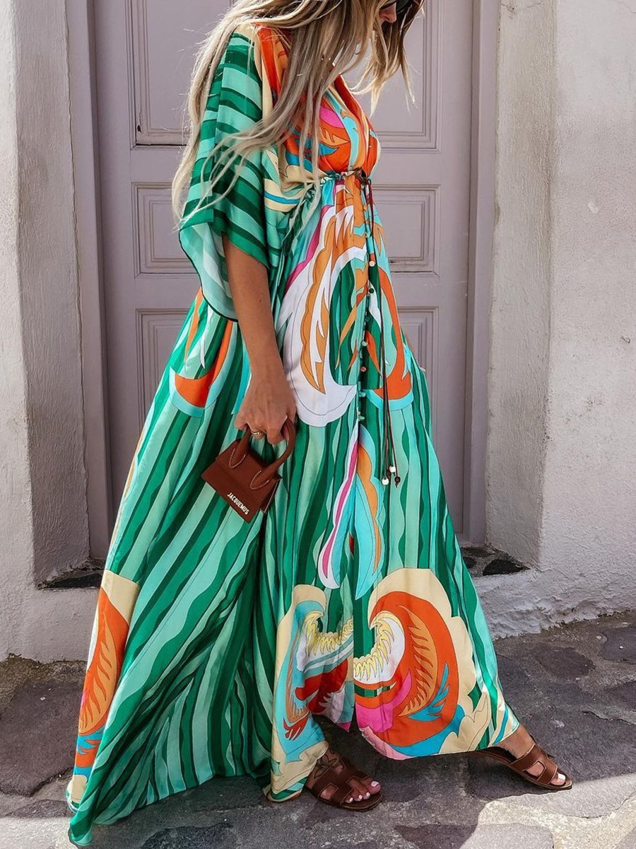 Robe longue fendue à col en V et imprimé numérique