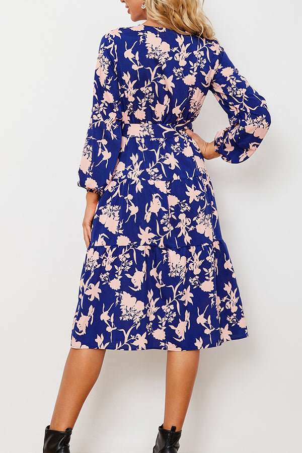 Long Sleeve V Neck Floral Dress