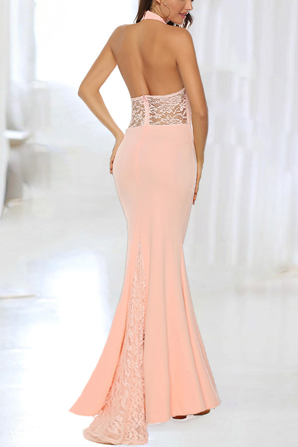 Sexy Halter Neck Backless Lace Wedding Gown Long Dress