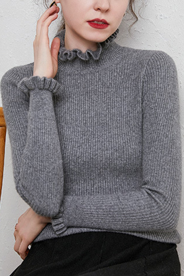 ruffled half turtleneck slim fit sweater