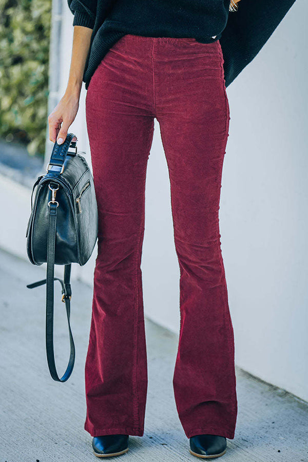 Pantalon de détente taille haute slim en micro velours côtelé à taille élastique
