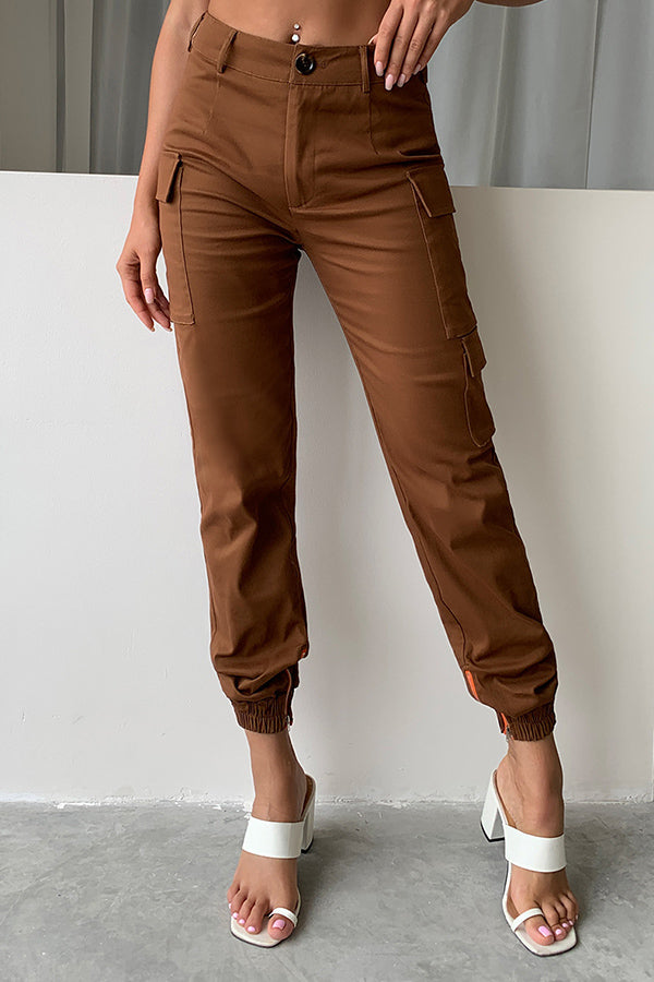 Women's Low Waist Button Solid Color Pocket Drawstring Cargo Pants