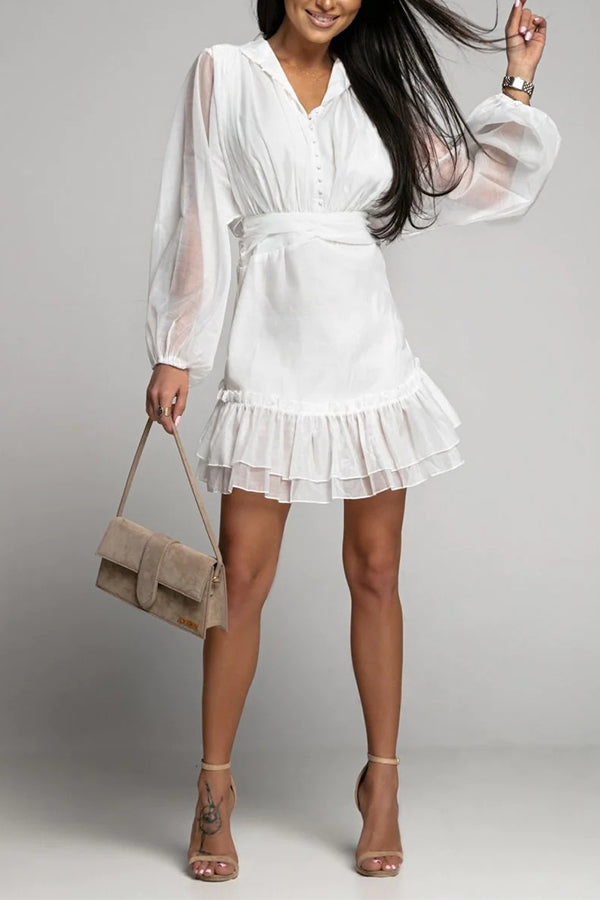 Sheer mesh long-sleeved button-down waist mesh lace fashion dress