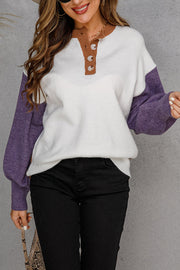 V-neck pullover color-block long-sleeve sweater