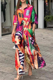 Prettiest Smile Cartoon Face Print Pocketed Shirt Maxi Dress