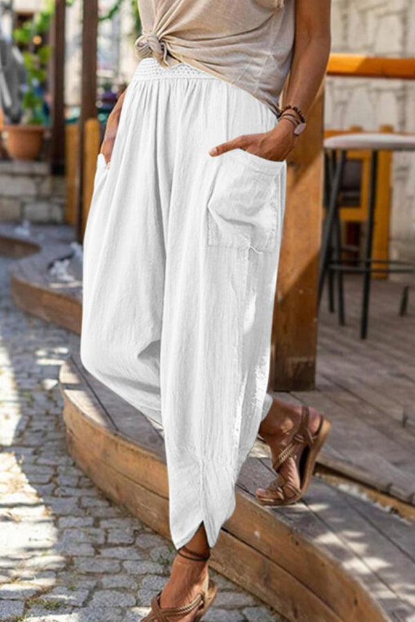 Pantalon de plage décontracté en coton et lin pour femme