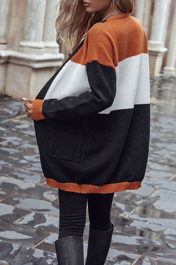 Foreign trade fashion women's long-sleeved color-blocking sweater cardigan