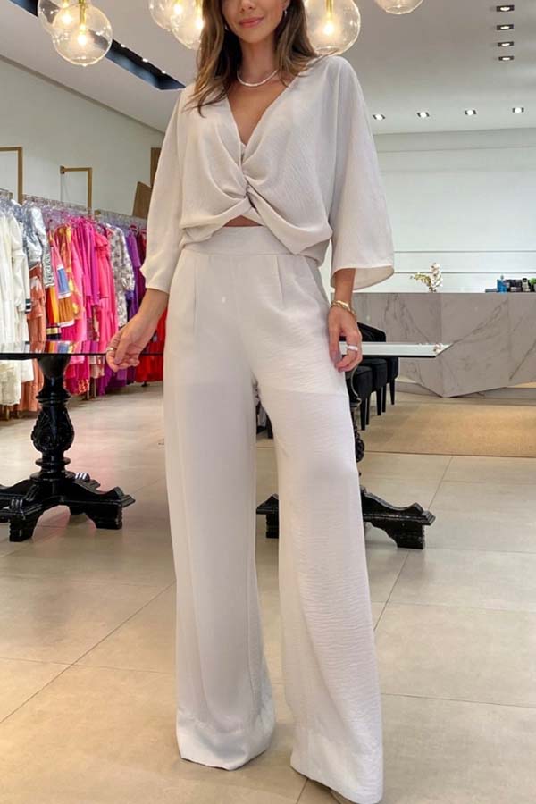 Laguna Resort Kink Shirt and Pocketed Wide Leg Pants Set with Cami Top