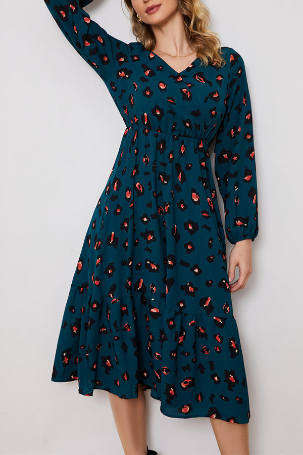 Long-sleeved elegant V-neck printed dress