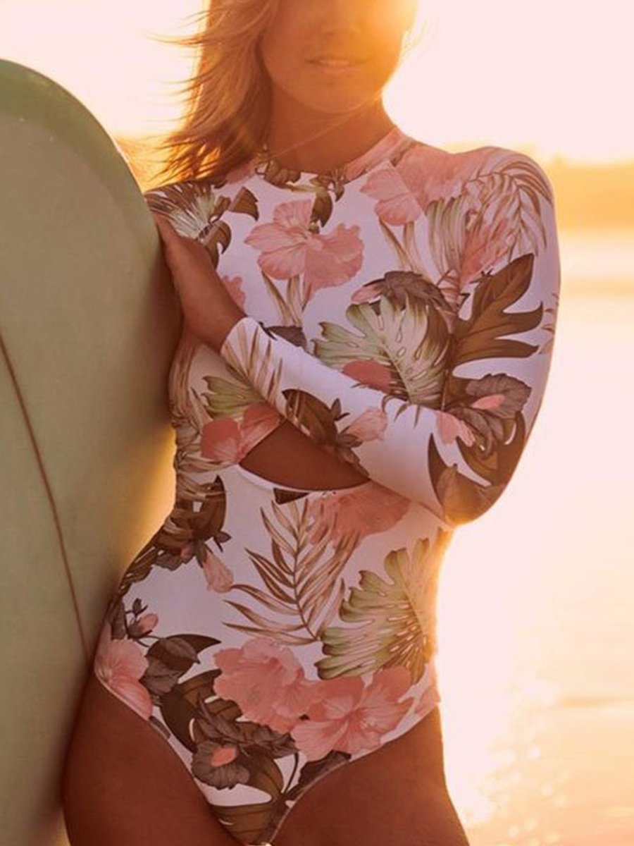 Long Sleeve Floral Print Hollow Front Swimwear