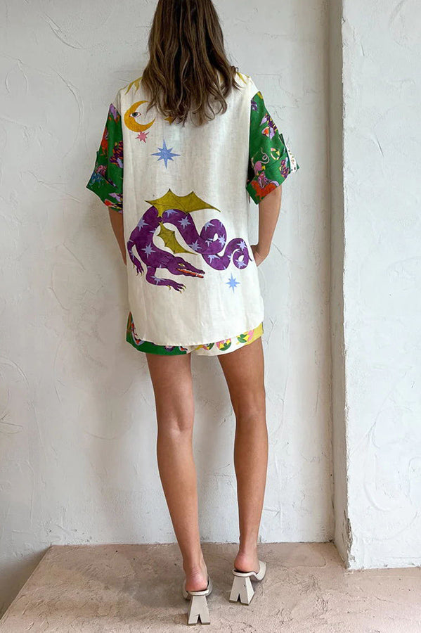 Days of Heaven – Set aus Bluse aus Leinenmischung mit einzigartigem Aufdruck und Shorts mit Taschen und elastischer Taille