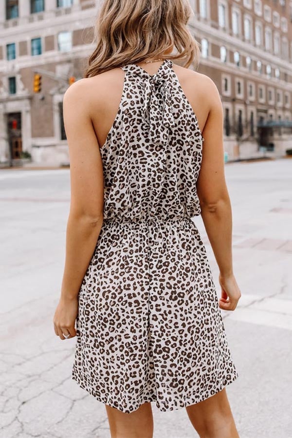 Leopard Halter Neck High Waisted Casual Dress