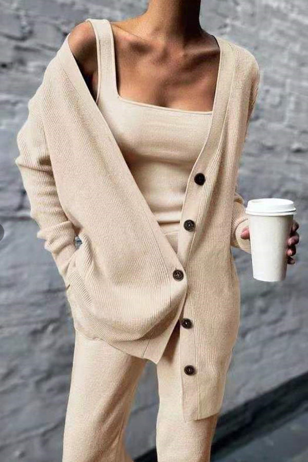 Long Sleeve Solid Color Knit Three Piece Set
