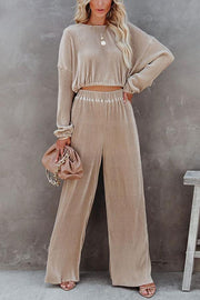 High Rise Plisse Wide Leg Pants Suit