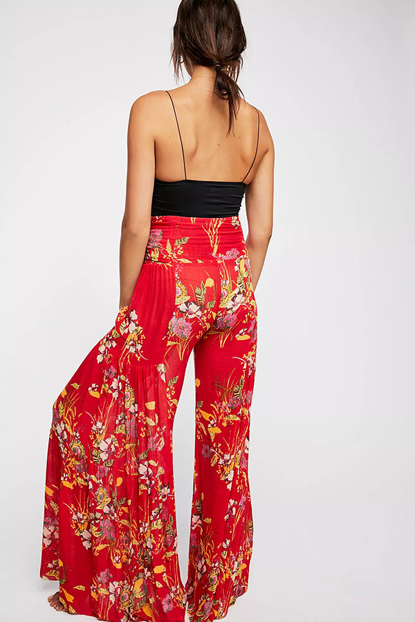 Printed Women's Loose Beach Wide Leg Lace-up Trousers