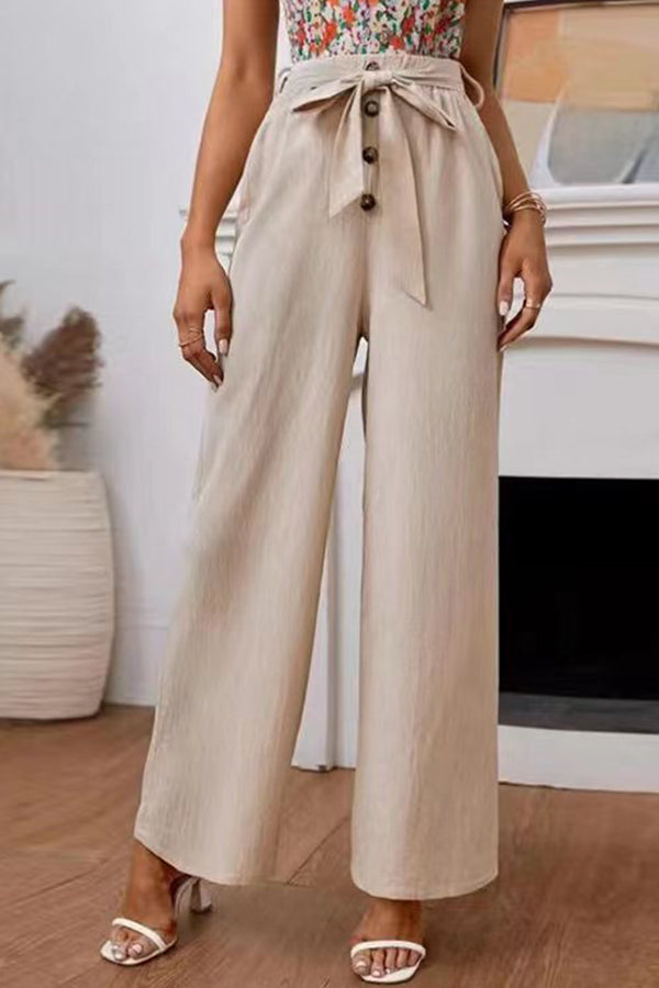 Cotton and linen elastic loose wide-leg trousers