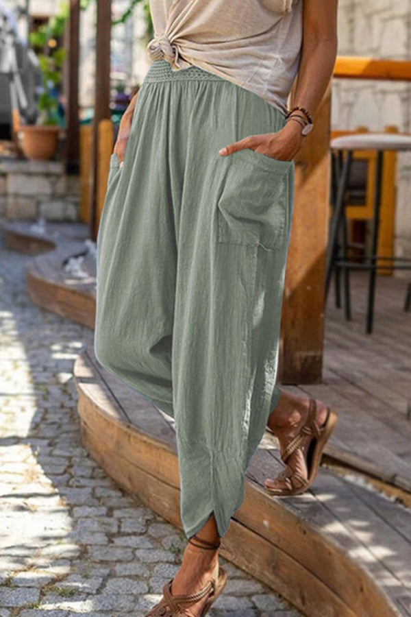Pantalon de plage décontracté en coton et lin pour femme