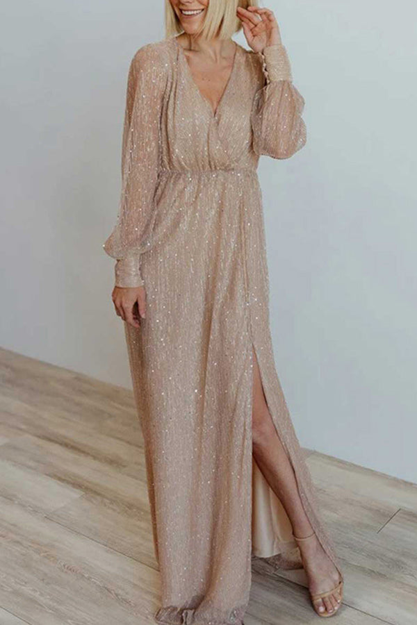 Bankett-Abendkleid, langärmliges Kleid mit V-Ausschnitt und Schlitz