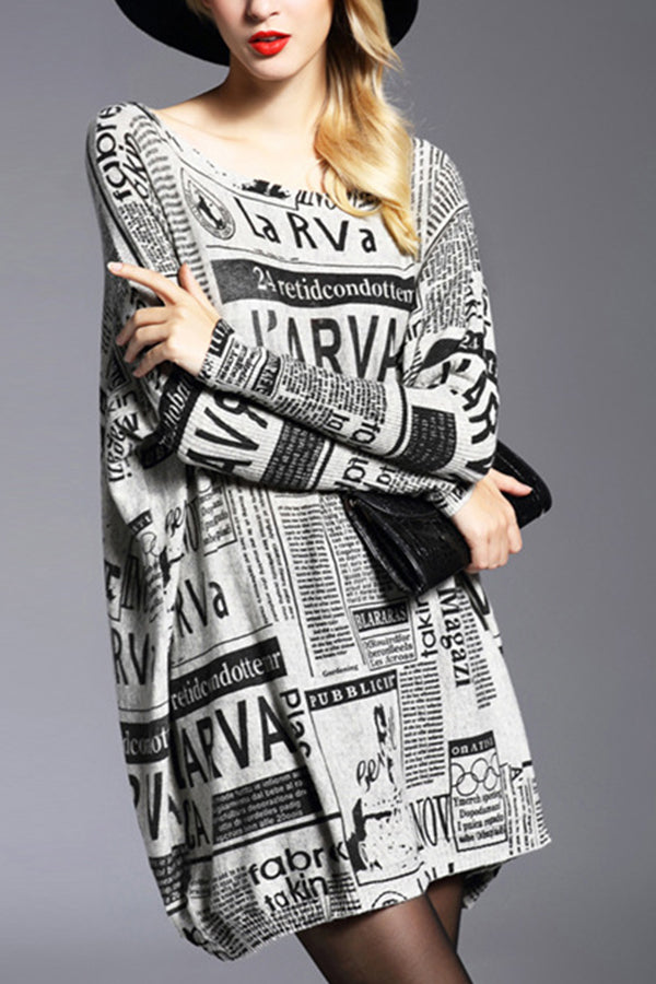 Printed Newspaper Mid Length Knit Sweater