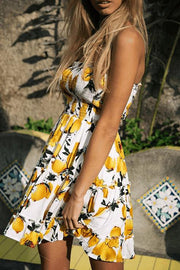 Wrap-chest Panelled Lemon Print Ruffled Backless Women's Dress