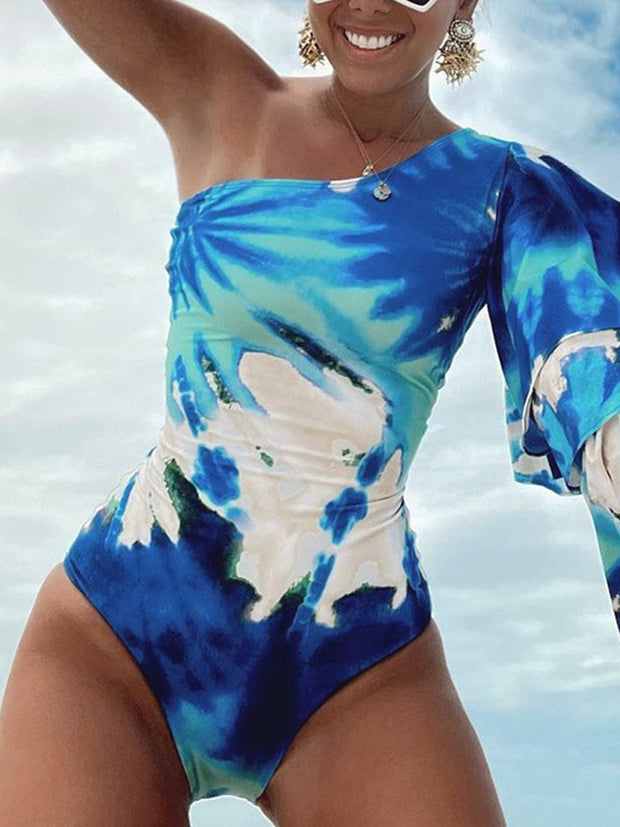 One Shoulder Long Sleeve Tie Dye Printed One Piece Swimsuit