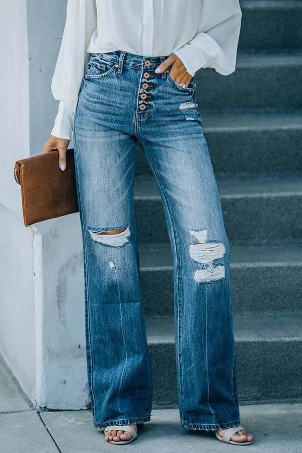 High Rise Distressed Button 90’s Flare Denim