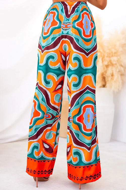 Oh So Chic Satin Ethnic Abstract Print Satin Elastic Waist Pocketed Wide Leg Pants