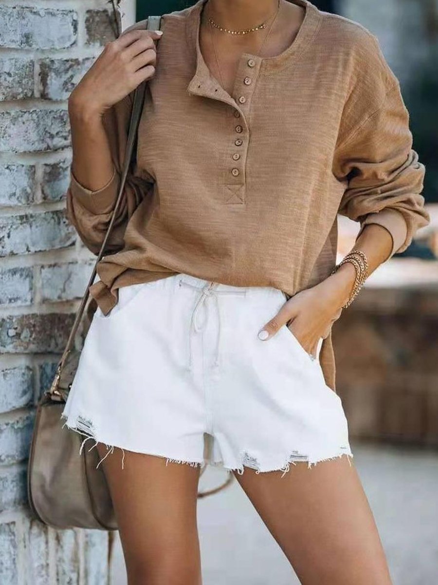 Loose-fit Lace-up Distressed Denim Shorts