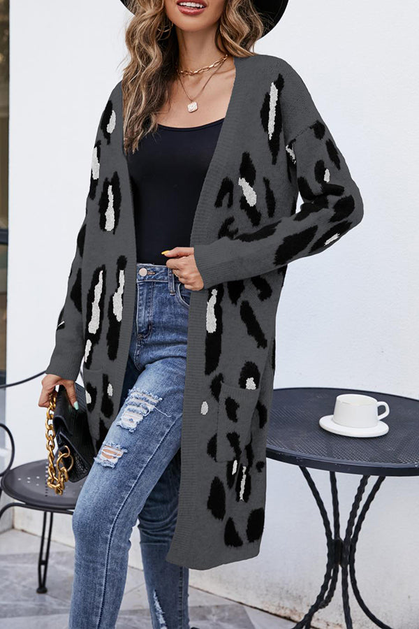 Women's V-Neck Leopard Knit Long Knit Jacket