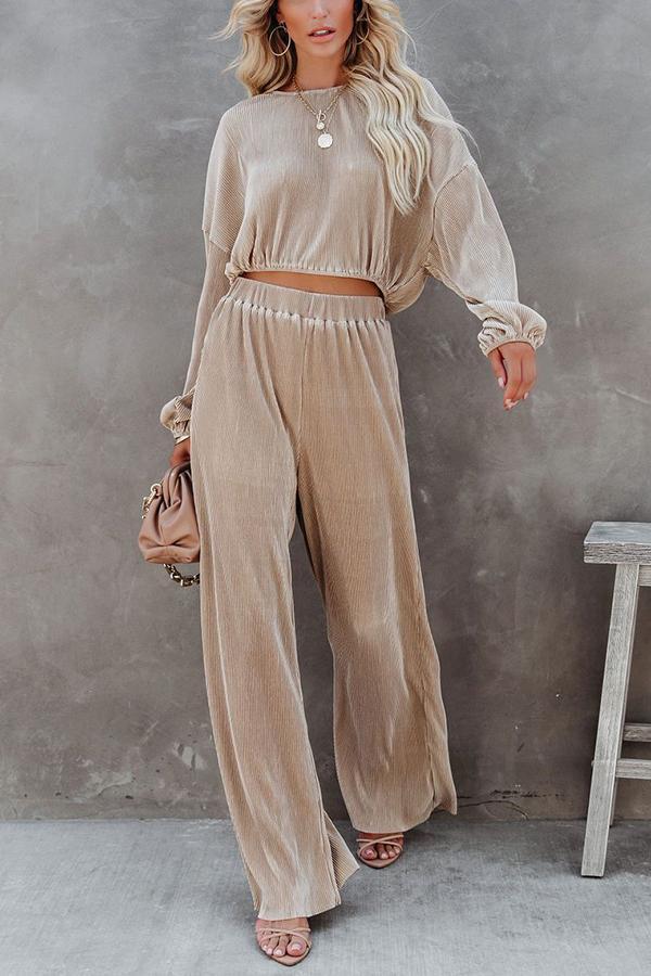 High Rise Plisse Wide Leg Pants Suit