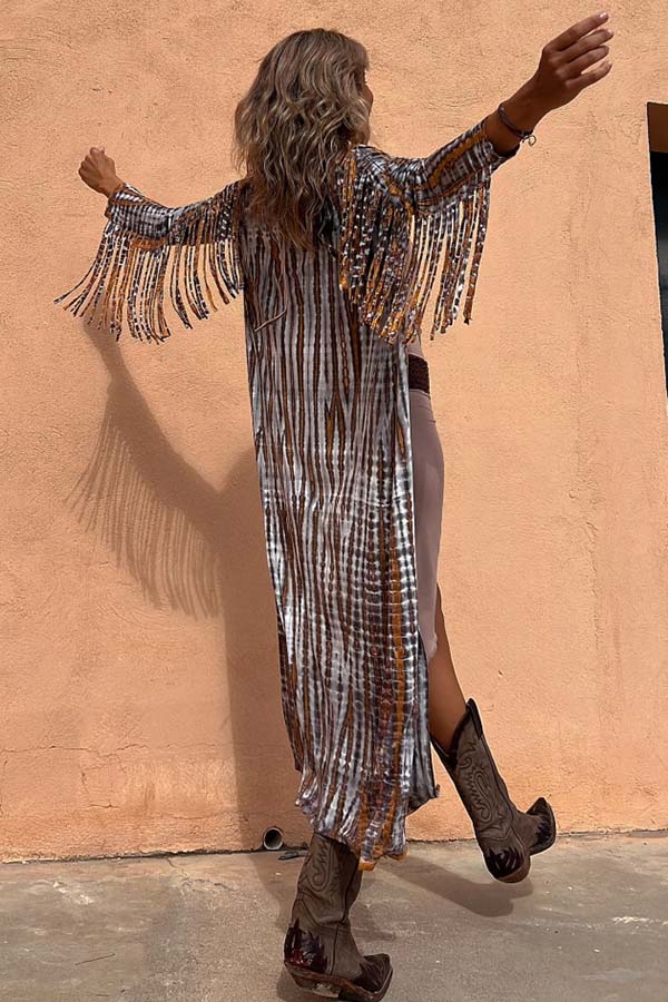 Evaluna Tie-dye Print Tassel Sleeve Midi Cover-up