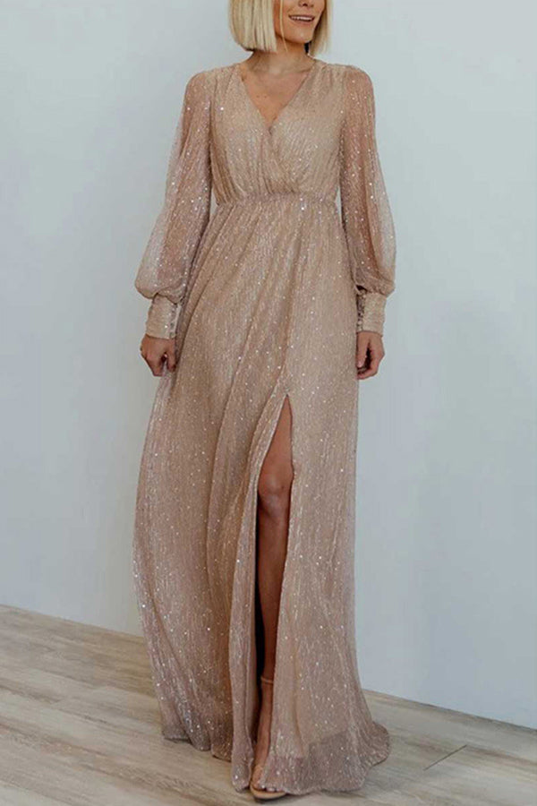 Bankett-Abendkleid, langärmliges Kleid mit V-Ausschnitt und Schlitz