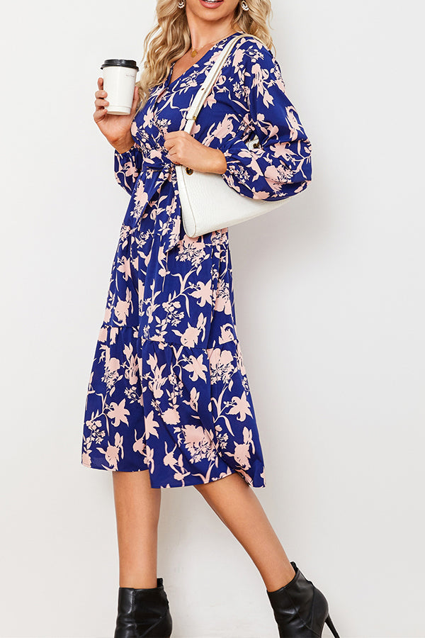 Long Sleeve V Neck Floral Dress